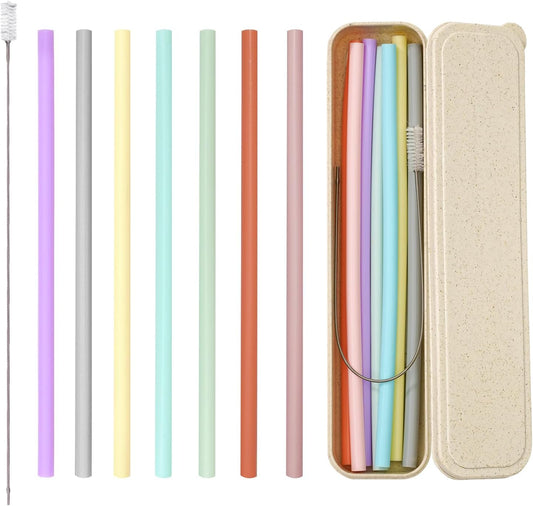 Reusable Straw with Case - Dishwasher Safe ECO-Friendly BPA Free Travel Straws with Case, 9 Inch Extra Long,Flexible Silicone Smoothie Straws with Cleaning Brush (Multicolor)