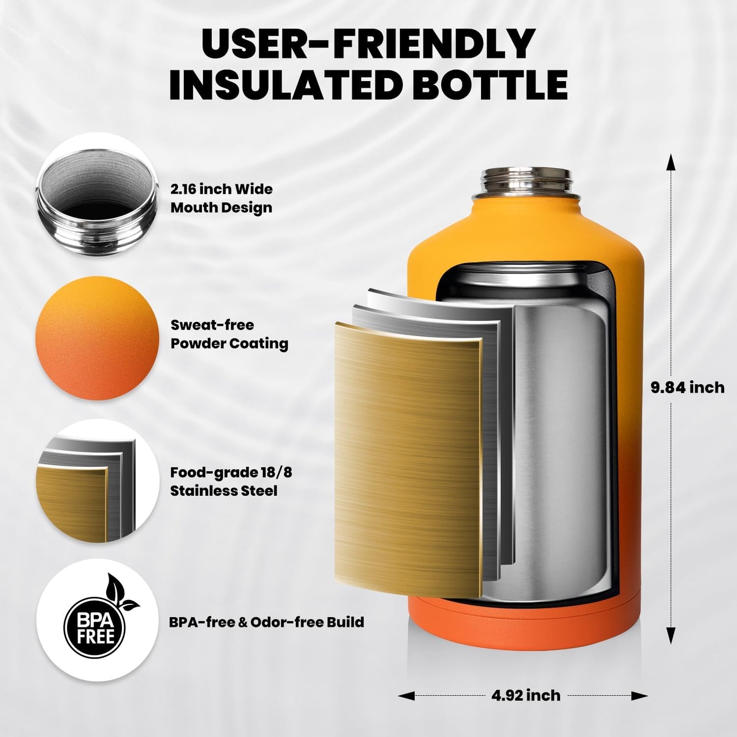 Insulated Water Bottle 64 oz, Triple Wall Vacuum Stainless Steel (Cold for 48 Hrs), Leak Proof & Non-BPA, Half Gallon Water Flask Jug with Paracord Handle & Straw Spout Lids, Ombre Orange