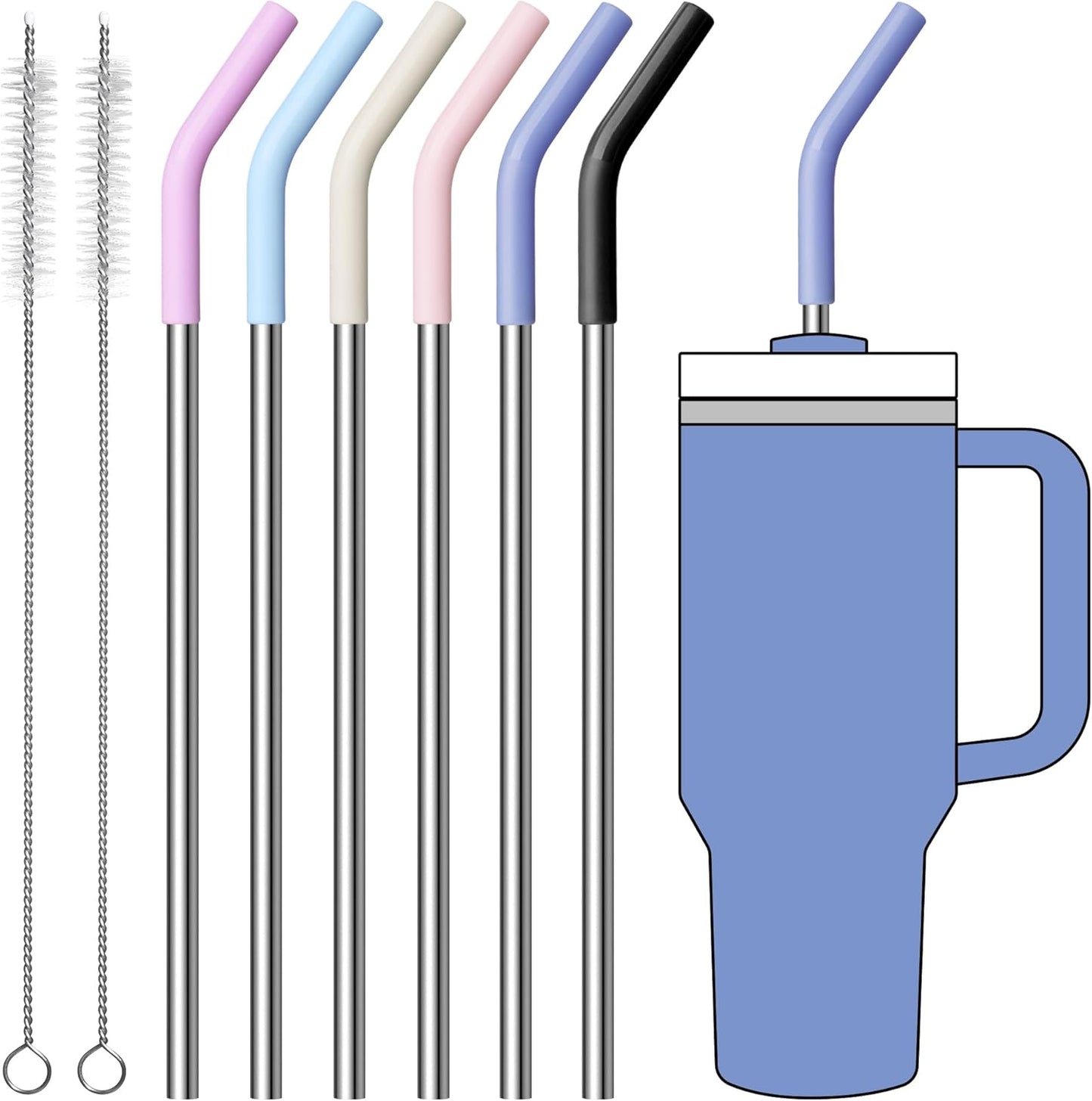 Straws for Stanley Cup 40 oz，Metal Straws Reusable with Silicone Tips for 40 oz Tumbler Cup-12" Extra Long Stainless Steel Straight Drinking Straw,Cleaning Brush