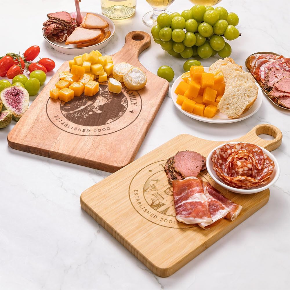 callie Personalized Cutting Board with Photo & Text & Date, Wooden Cutting Board Cheese Serving Tray with Handle, Housewarming Gifts (S, M, L)