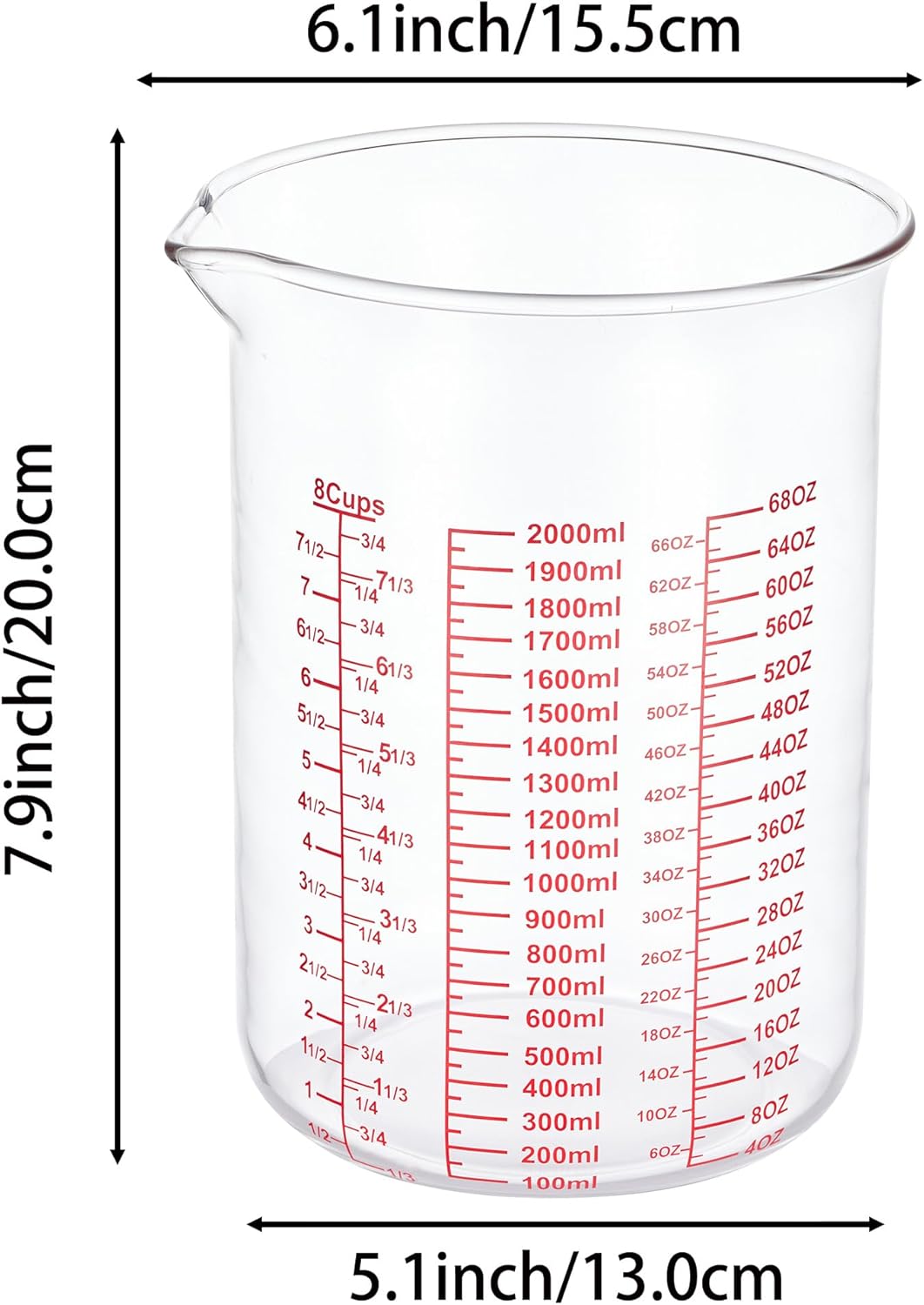 High Borosilicate Glass Measuring Cup-V-Shaped Spout，Glass Measuring Beaker for Kitchen or Restaurant, Easy to Read, 2000 ML (64 Oz, 8Cup)