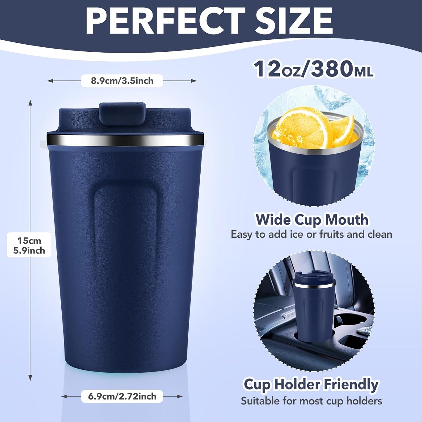 Volhoply 12 oz Double Wall Insulated Vacuum Travel Coffee Mug with Flip Lid Bulk 4 Pack,Reusable Stainless Steel Leak Proof Coffee Cups,Portable Cafe Thermal Tumbler for Hot & Cold Drinks(Navy,4 Set)