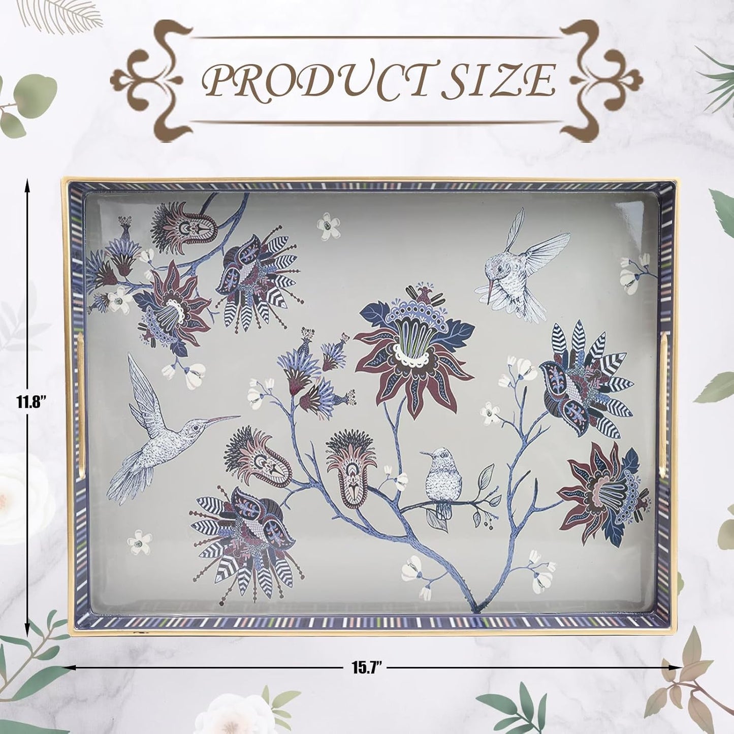 Rectangle Plastic Serving Tray with Handles, Elegant Decorative Tray for Coffee Table, Ottoman, Living Room, Kitchen, Outdoor Use. 12"*16"*1.6" A