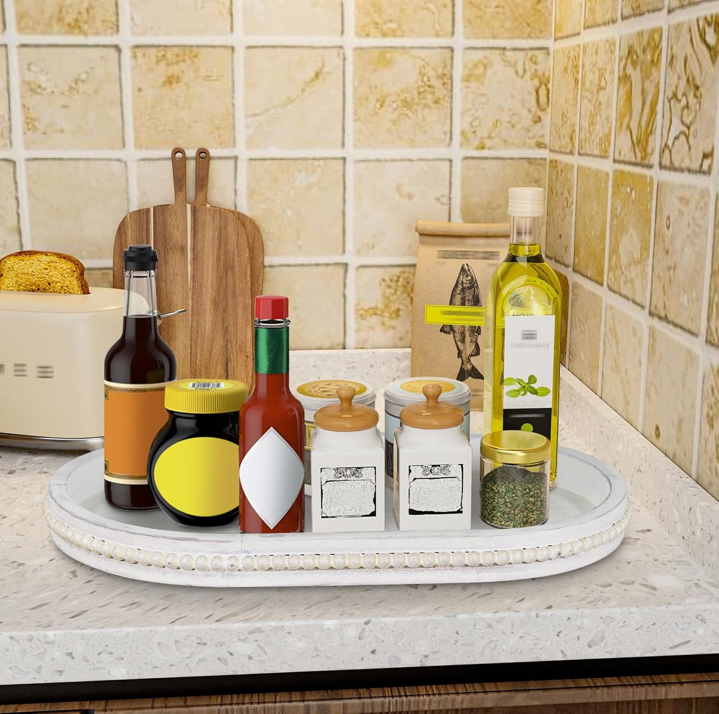 MAONAME Wood Serving Tray, Farmhouse Wooden Tray for Coffee Table, Oval Beaded Trays, Vintage White Decorative Trays for Living Room, Kitchen, 15" X 9" X 1.2"