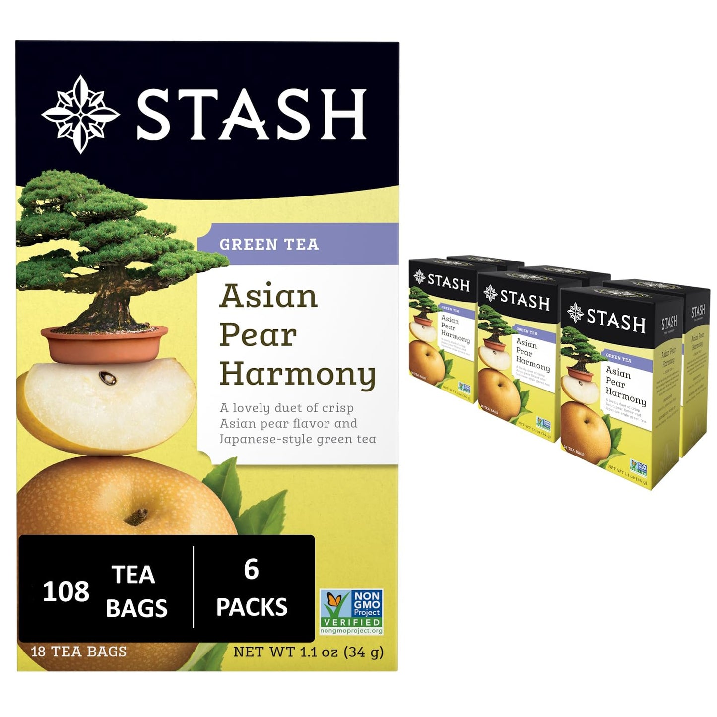 Stash Tea Asian Pear Harmony Green Tea - Caffeinated, Non-GMO Project Verified Premium Tea with No Artificial Ingredients, 18 Count (Pack of 6) - 108 Bags Total