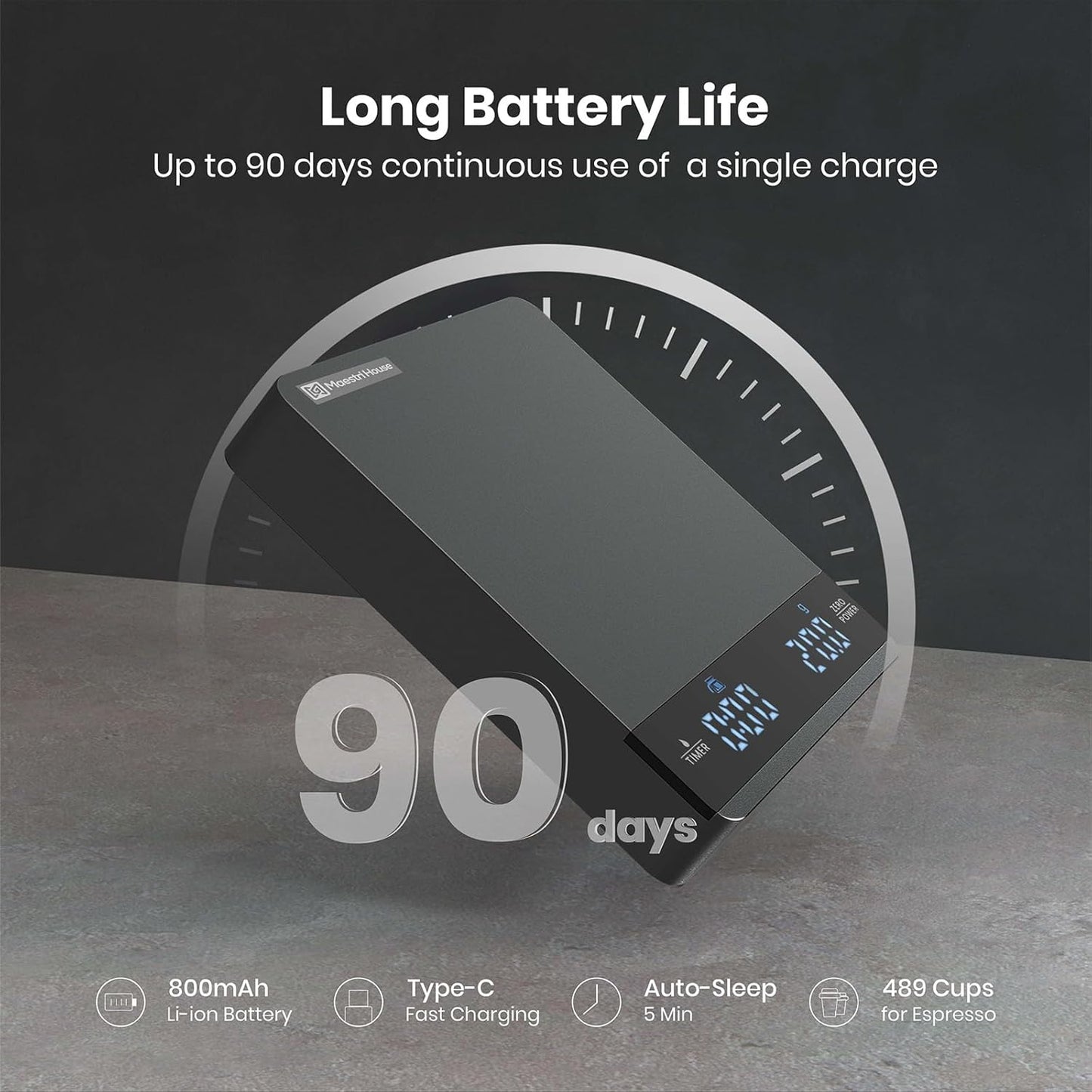 Mini Coffee Scale with Timer, Maestri House Rechargeable Espresso Scale, 2kg/0.1g Accurate Scale for Espresso and Pour-Over Coffee, Portable Digital Kitchen Scale with Automatic Timing-Space Grey