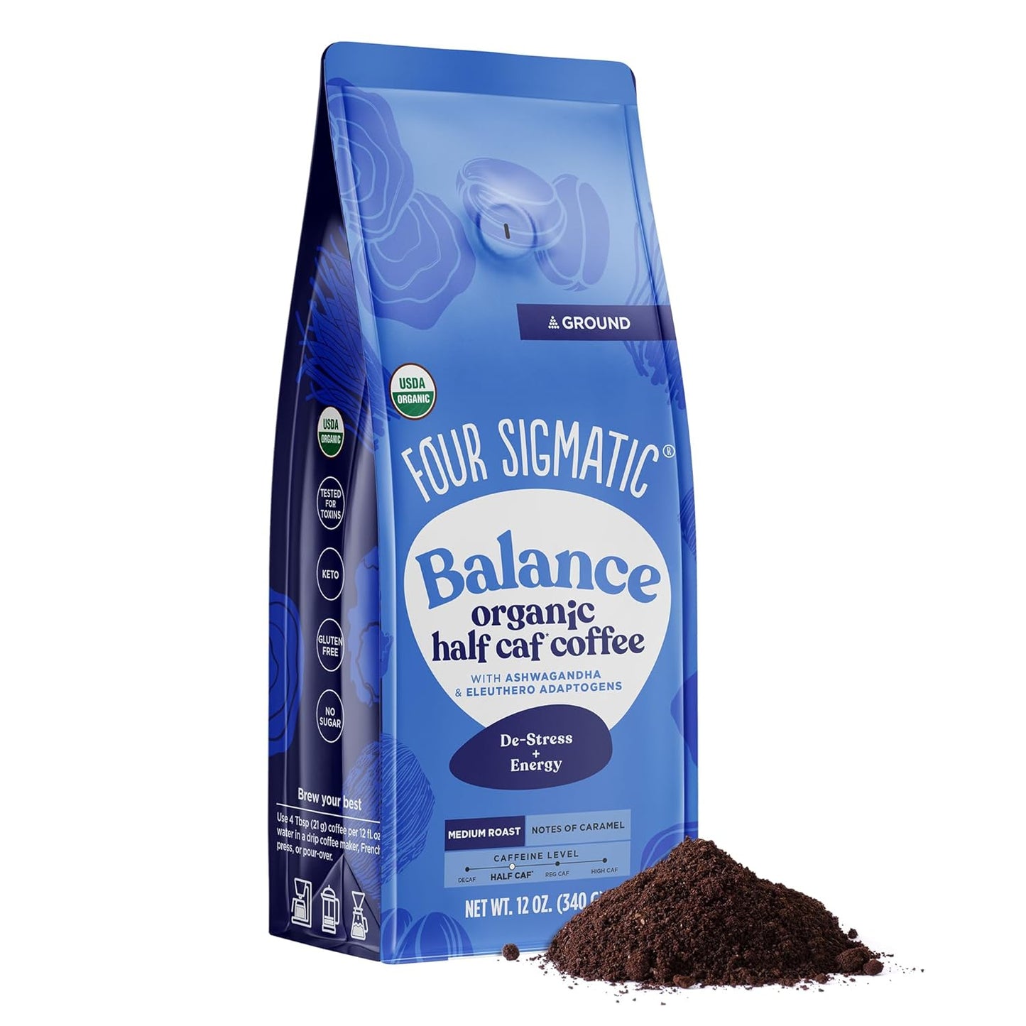 Four Sigmatic Organic Balance Adaptogen Ground Coffee | Medium Roast USDA Organic Coffee with Ashwagandha, Chaga Mushroom, Eleuthero and Tulsi for Focus and Energy Boosting | 12oz Bag