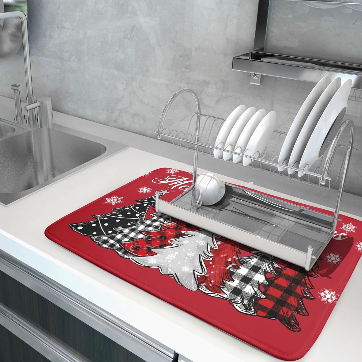 Merry Christmas Dish Drying Mats for Kitchen Counter 18x16 Inch Christmas Tree Snowflake Mat Xmas Buffalo Plaid Dish Rack Mat Reversible Absorbent Dishes Pad Kitchen Accessories for Counter tops