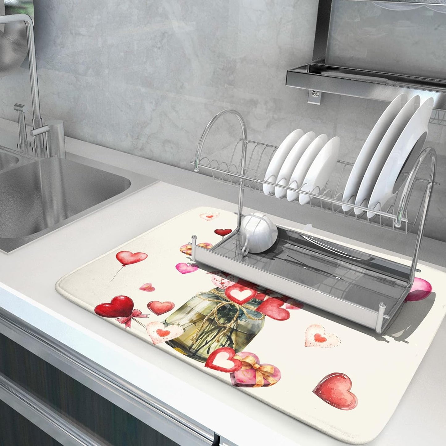 Valentine's Day Dish Drying Mat for Kitchen Counter,Red Love Canes Hearts Decorative Mason Jar Drying Mat 18 x 24 Inch with High Absorbent Microfiber Drainer Mat for Coffee Bar