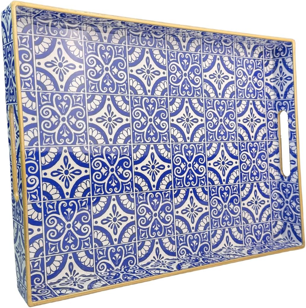 Serving Tray with Handles, Rectangular Decorative Trays for Coffee Table, Plastic Ottoman Tray for Living Room, Decor, Boho Blue, 15.7”*11.8”*1.6"