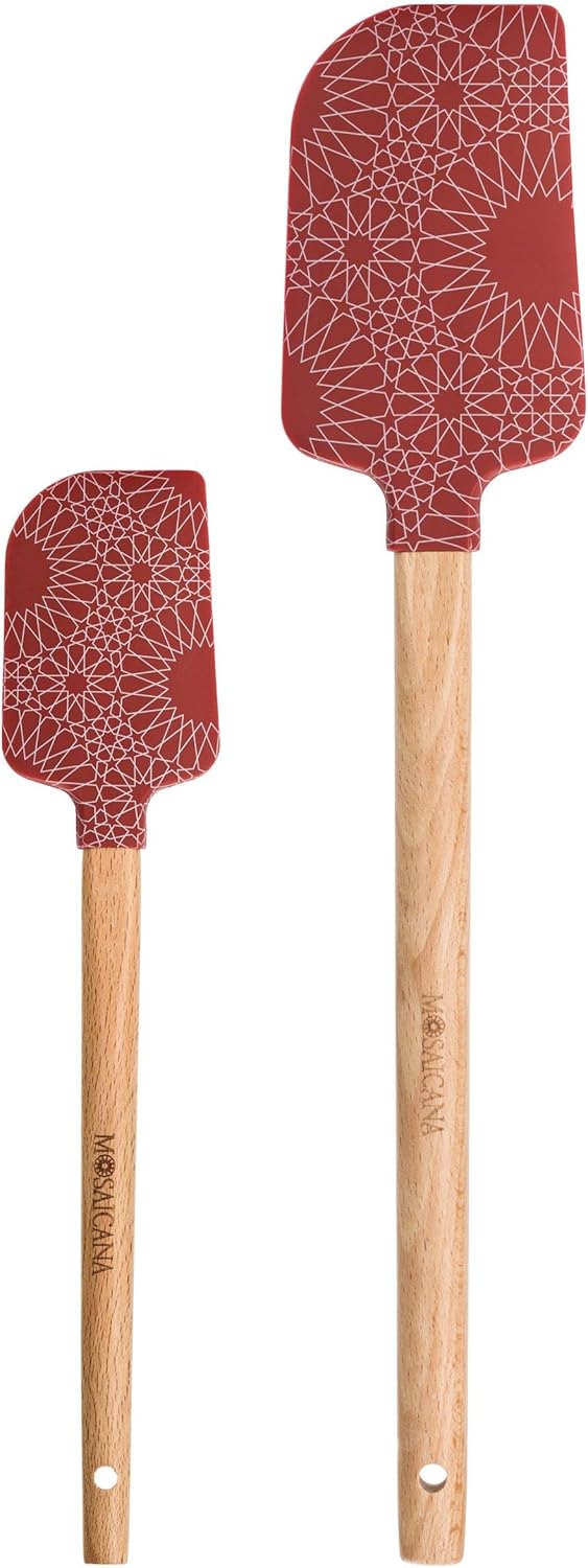 Silicone Spatula set of 2 with wooden handle and stunning pattern (Red)