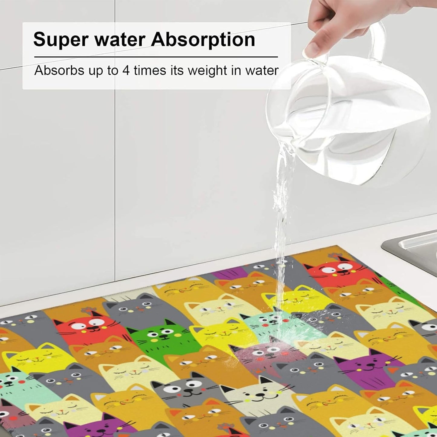 Charming Cat Dish Drying Mat, Highly Absorbent Microfiber Kitchen Counter Pad Reusable Washable, 16*18"