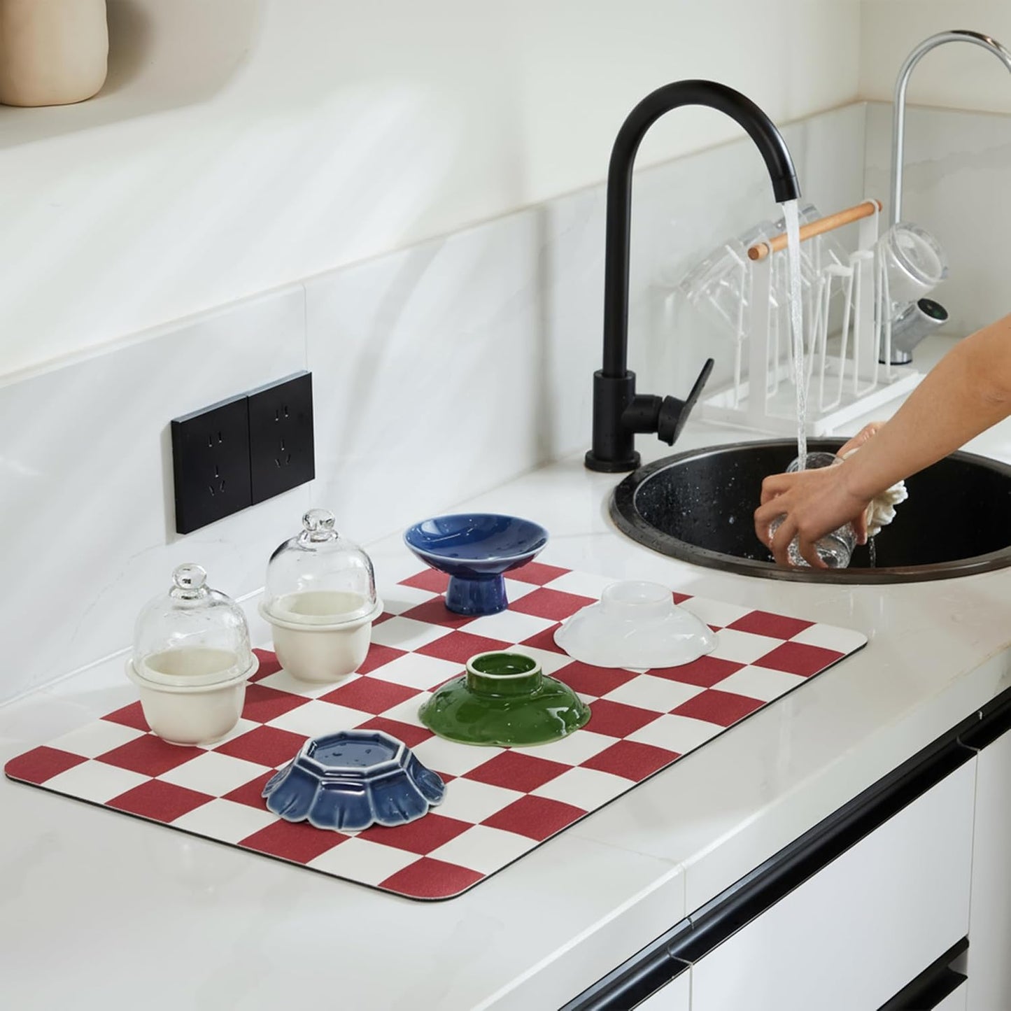 Red Checkered Dish Drying Mat for Kitchen Counter, Coffee Bar Station Accessories, Retro Cute Aesthetic Modern Absorbent Drainer Mat Kitchen Drying Mat Easy Clean 19" x 12"