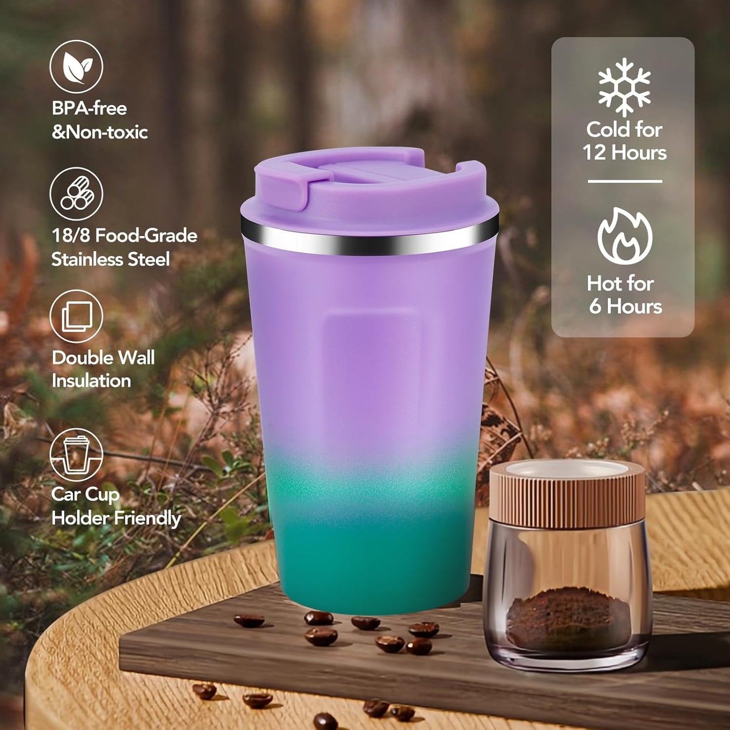 Volhoply 12 oz Double Wall Insulated Vacuum Travel Coffee Mug with Flip Lid Bulk 4 Pack,Reusable Stainless Steel Leak Proof Coffee Cups,Portable Cafe Thermal Tumbler for Cold Drinks(Assorted,4 Set)