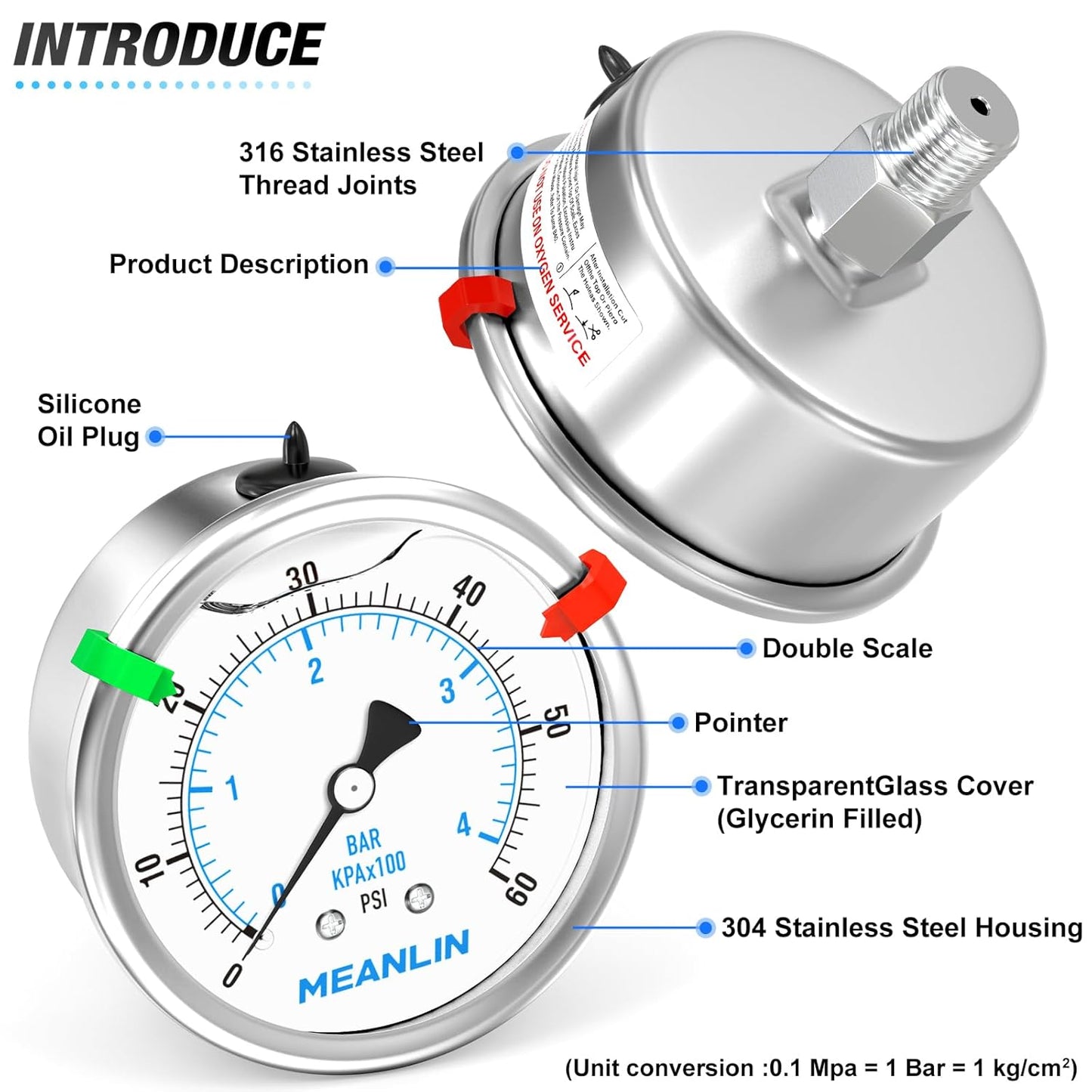MEANLIN MEASURE 0~60Psi Stainless Steel Liquid Filled Pressure Gauge 2.5" FACE DIAL 1/4" NPT for Pool Filter Pump Water Oil Air Compressor Back Mount with Stainless Steel Hex Bushing and Snaps