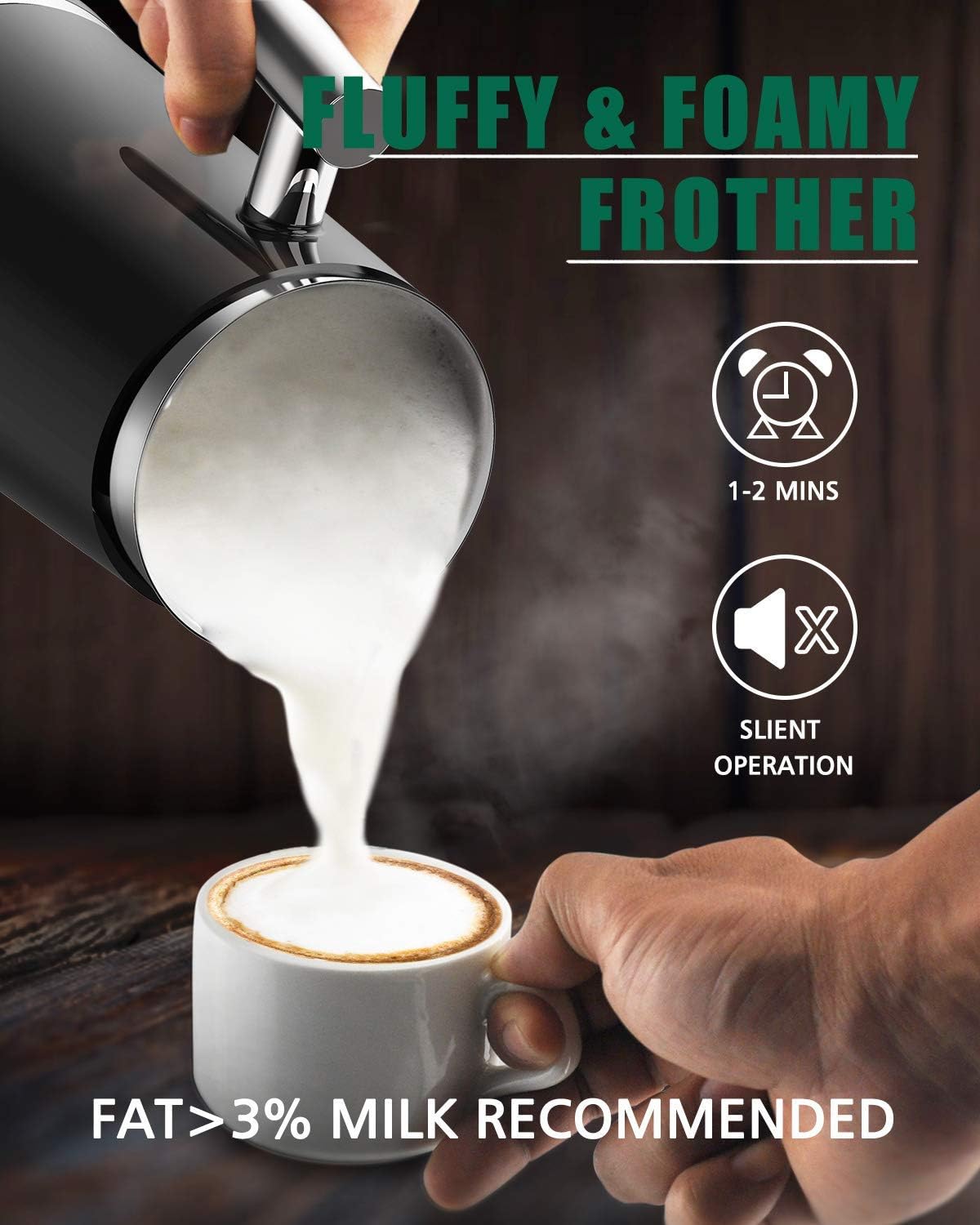 Huogary Milk Frother, Milk Steamer for Milk Foam & Hot Milk(4.5oz/10.5oz), Electric Milk Frother and Warmer for Homemade Coffee, 120V (Black)