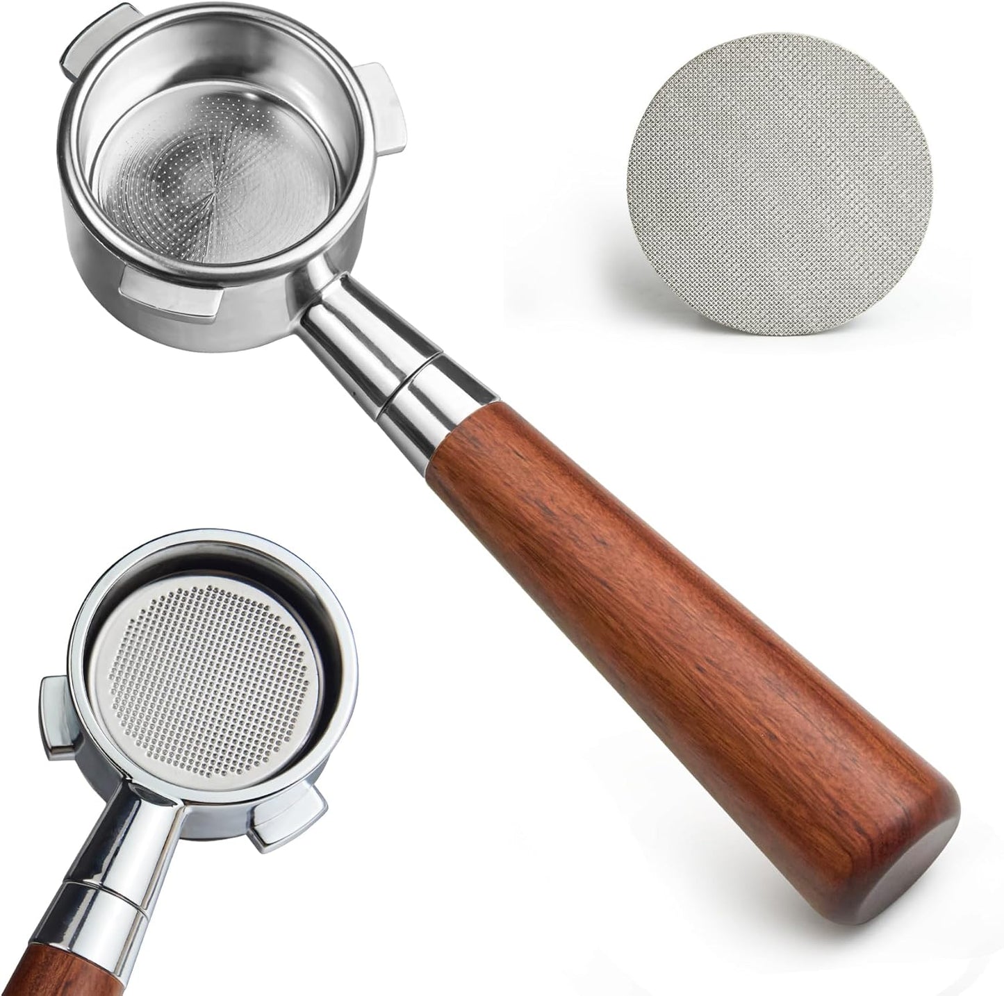 54 mm Bottomless Portafilter Compatible with Breville Barista Express Machines 3 Ears Espresso Portafilter with Puck Screen,Stainless Steel Porta filter, Rosewood Handle