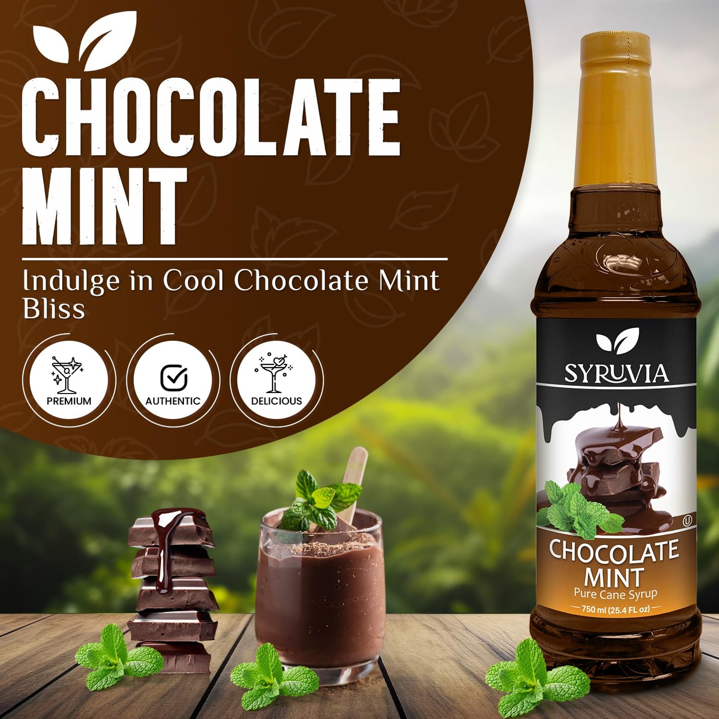 Syruvia Chocolate Mint Coffee Syrup - 25.4 fl oz - Kosher Coffee Syrups, Gluten Free, No Coloring, Perfect for Drinks, Soda, Shakes, Desserts, and More.