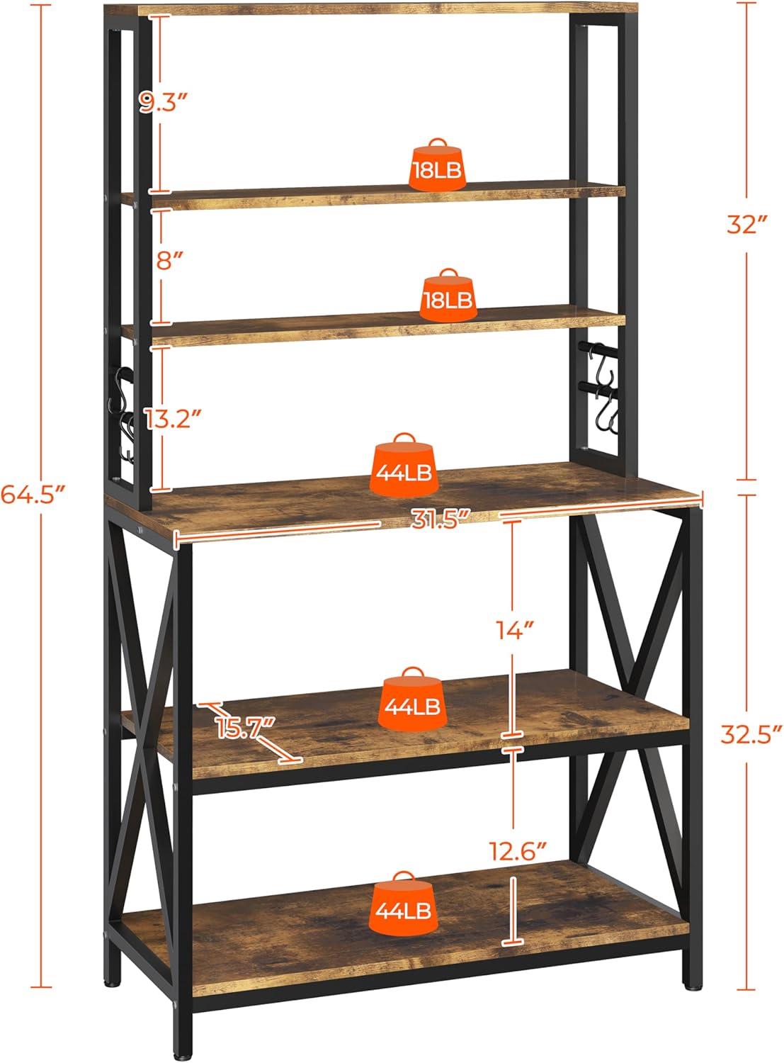 Yaheetech 6-Tier Kitchen Bakers Rack, 31.5 Inch Coffee Bar Table, Farmhouse Microwave Oven Stand Cabinet for Small Spaces, Corner Organizer Storage Shelf for Spices and Pots Rustic Brown