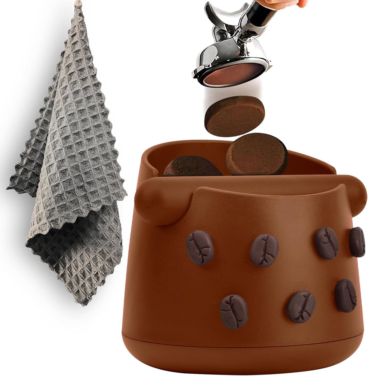 Espresso Knock Box with Barista Towels, Removable Shock-absorbent Knock Bar & Non-Slip Base - Knock Box Espresso, Knock Box for Coffee Grounds, Espresso Machine Accessories, Brown, JDHAVMOS
