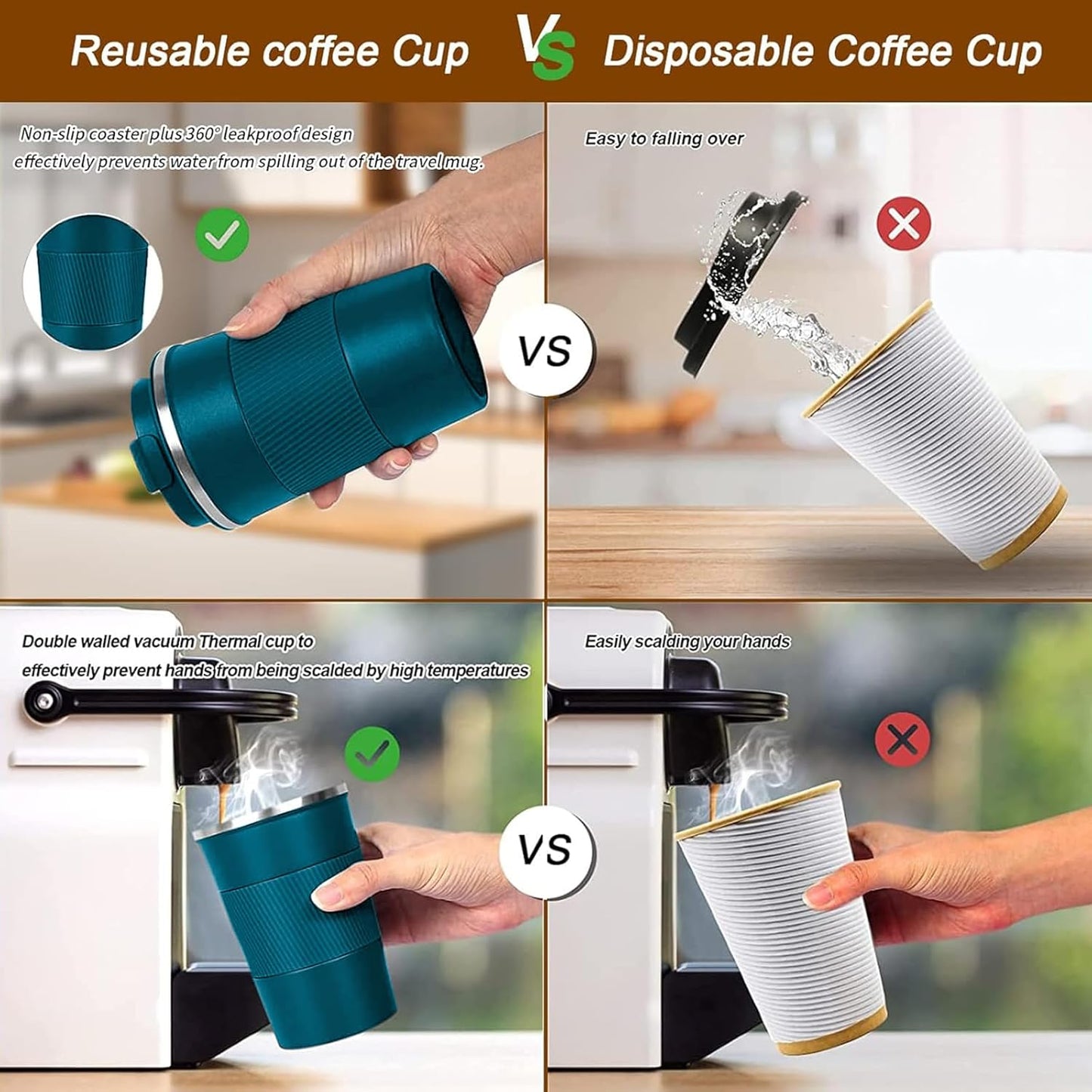 YINBAOGE Insulated Travel Coffee Mug Spill Proof Leak Proof Pobtable To Go Camping Stainless Steel Coffee Tumbler Reusable Coffee Cups with Lids Thermos for Hot and Cold Drink (Blue, 12 OZ)