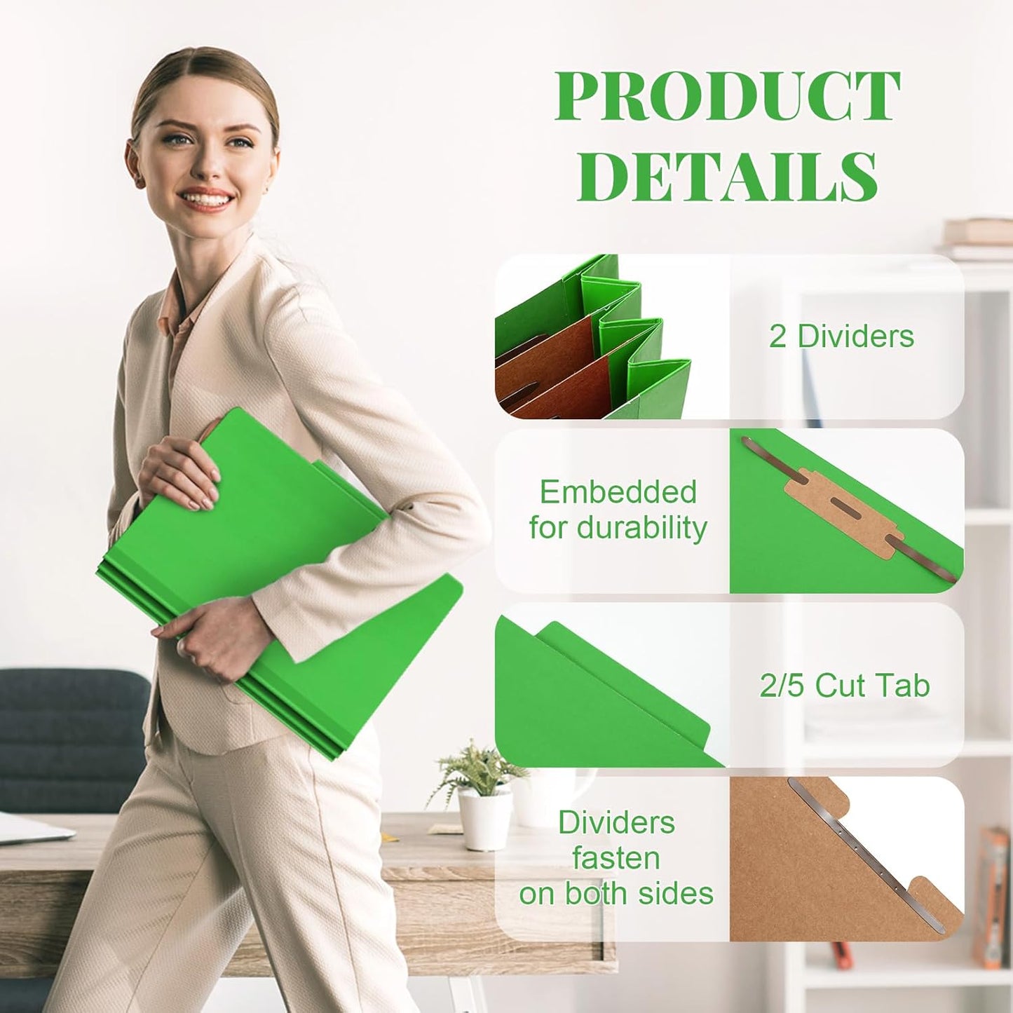 12 Pcs Classification Folders Letter Size Bulk - 2 Dividers Pressboard File Folder with 3. 5 Inch Expansion, 2 Prongs Fastener, Heavy Duty Office File Organizer for Teacher Medical (Green)