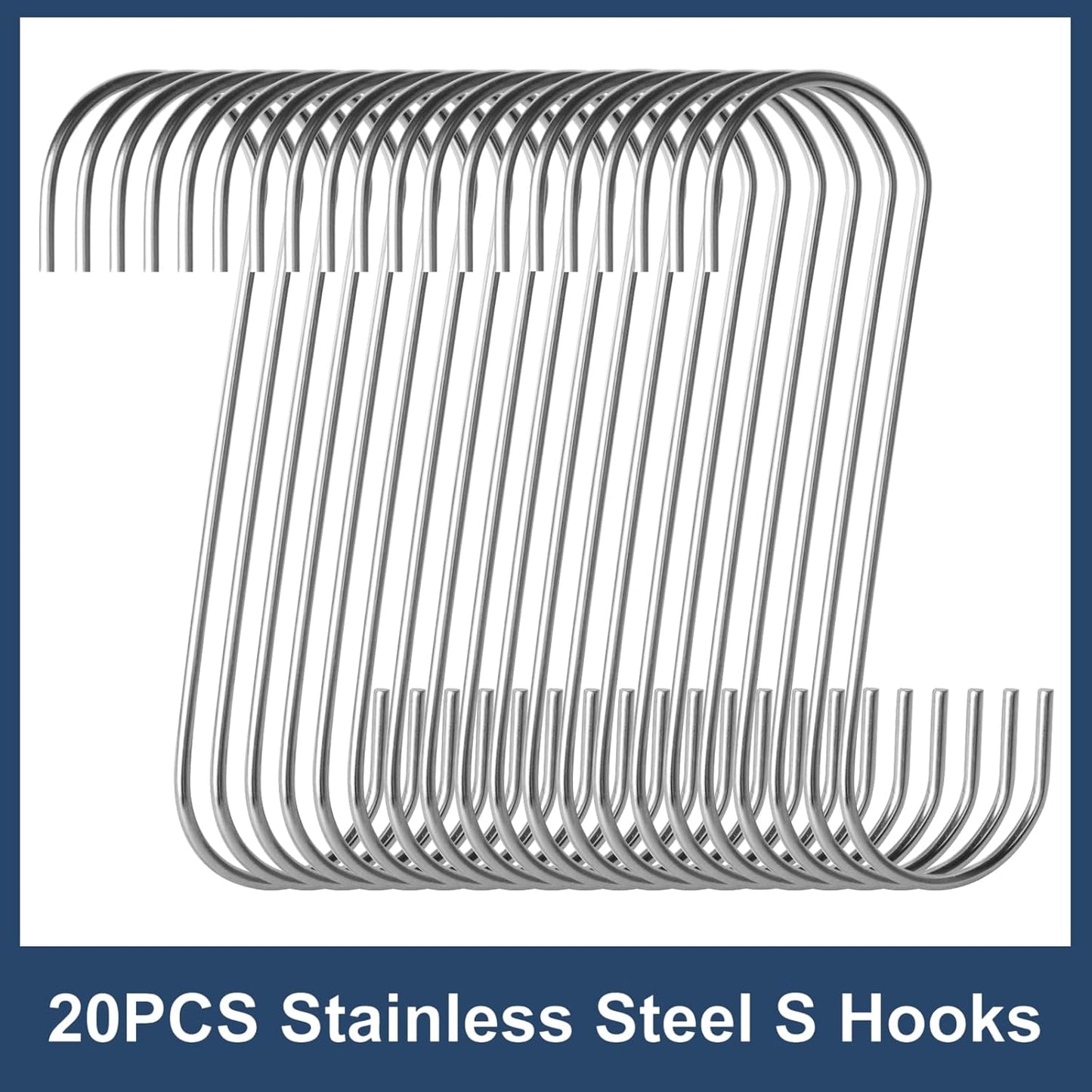 20-Pack S Hooks - Stainless Steel Heavy Duty S Hooks for Hanging pots, Pans, Plants, Coffee Mugs, Towels in Kitchen and Bathroom, Coat, Bag, Work Shop, Perfect Rack Hooks