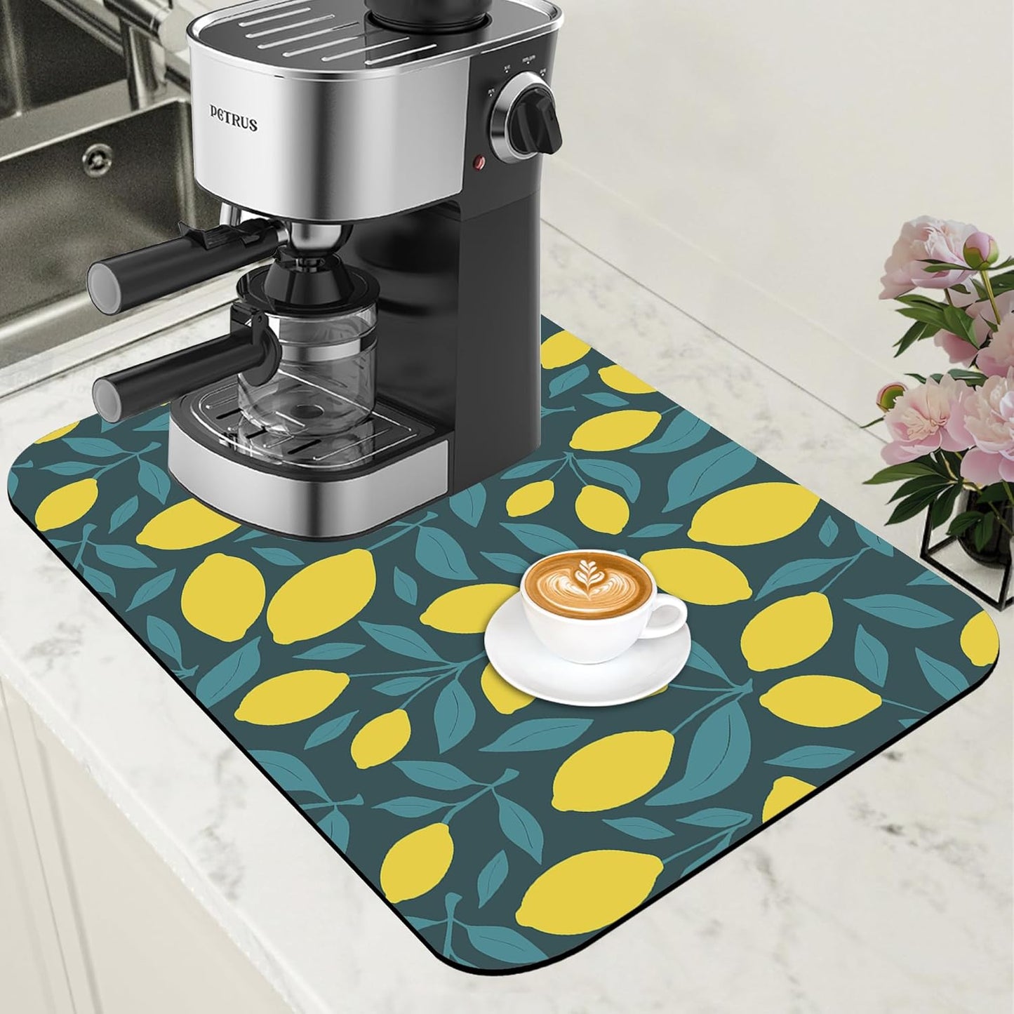 Yellow Lemon and Leaves Coffee Mat Absorbent Dish Drying Mat for Kitchen Counter Hide Stain Rubber Backed Coffee Bar Accessories Fit Under Espresso Machine Cafe Table 11.8 x 19.7 Inch