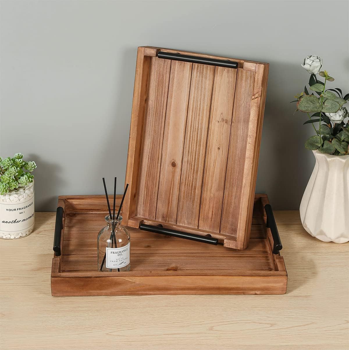 Coffee Table Tray Decorative Nested Vintage Wood Serving Tray Set for Eating, Breakfast, Party, Kitchen, Ottoman,Tea Coffee Table Large Ottoman Trays (Wood, 2pc)