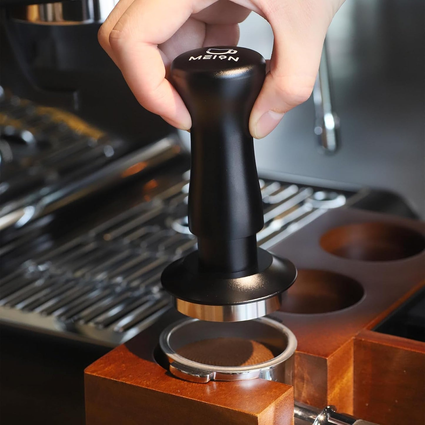 MEION Espresso Tamper 49mm Coffee Tamper, Calibrated Dual Spring Loaded Barista Tamper with Stainless Steel Base, Comes with aluminum storage pad (49MM, Black)