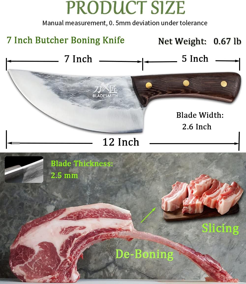 BLADESMITH Butcher Knife, Viking Boning Cleaver knife for Meat Slicing - 7'' Sharp Multi-Purpose Forged in Fire for De-Boning/Slicing/Cutting/Mincing at Slaughter House/Restaurant/Kitchen