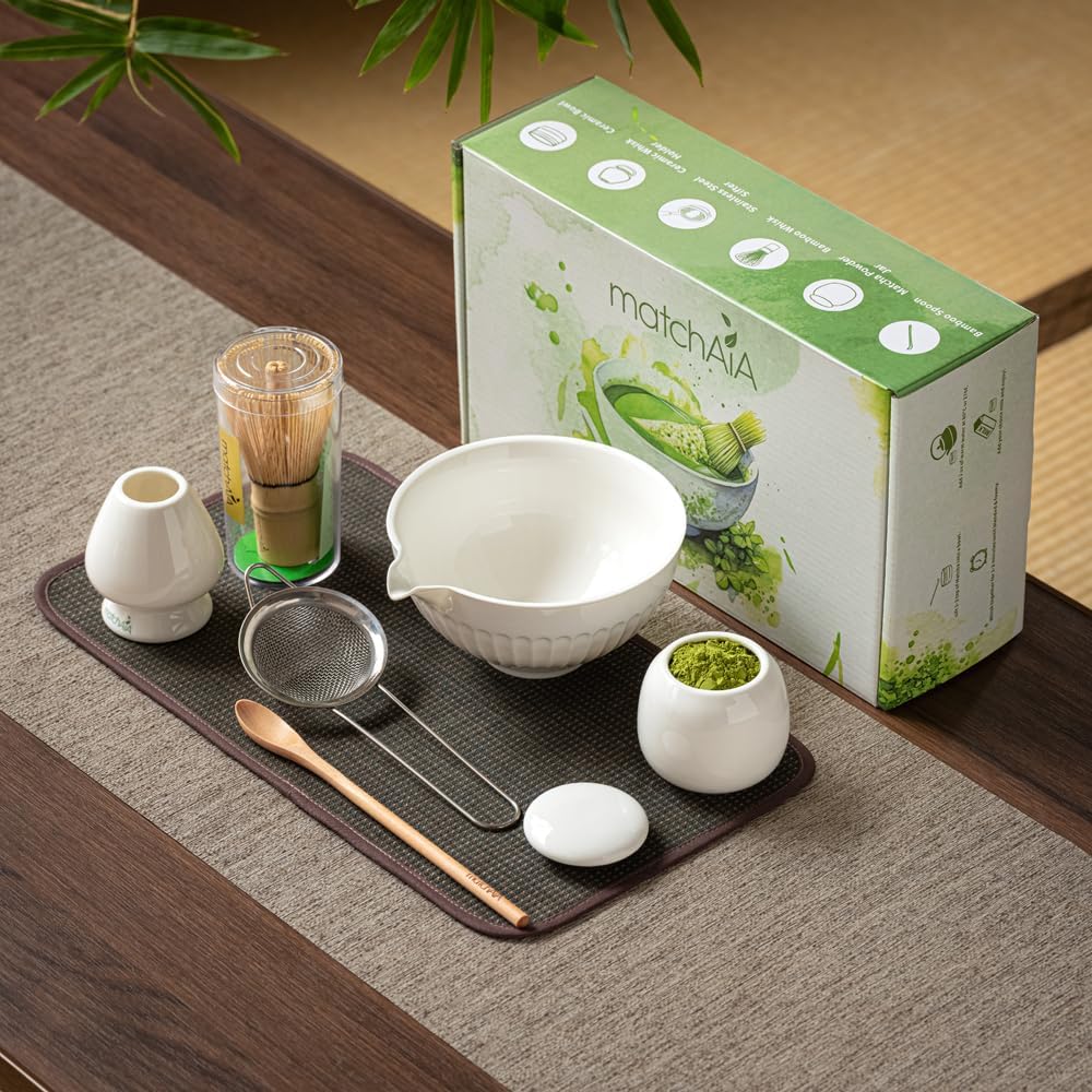 6 Pcs Matcha Set - Ceramic Bowl with Spout, Matcha Whisk with Holder, Tea Powder Canister, Sifter and Spoon, Complete Kit for Traditional Matcha, Modern Lattes, and Tea Ceremonies (White)