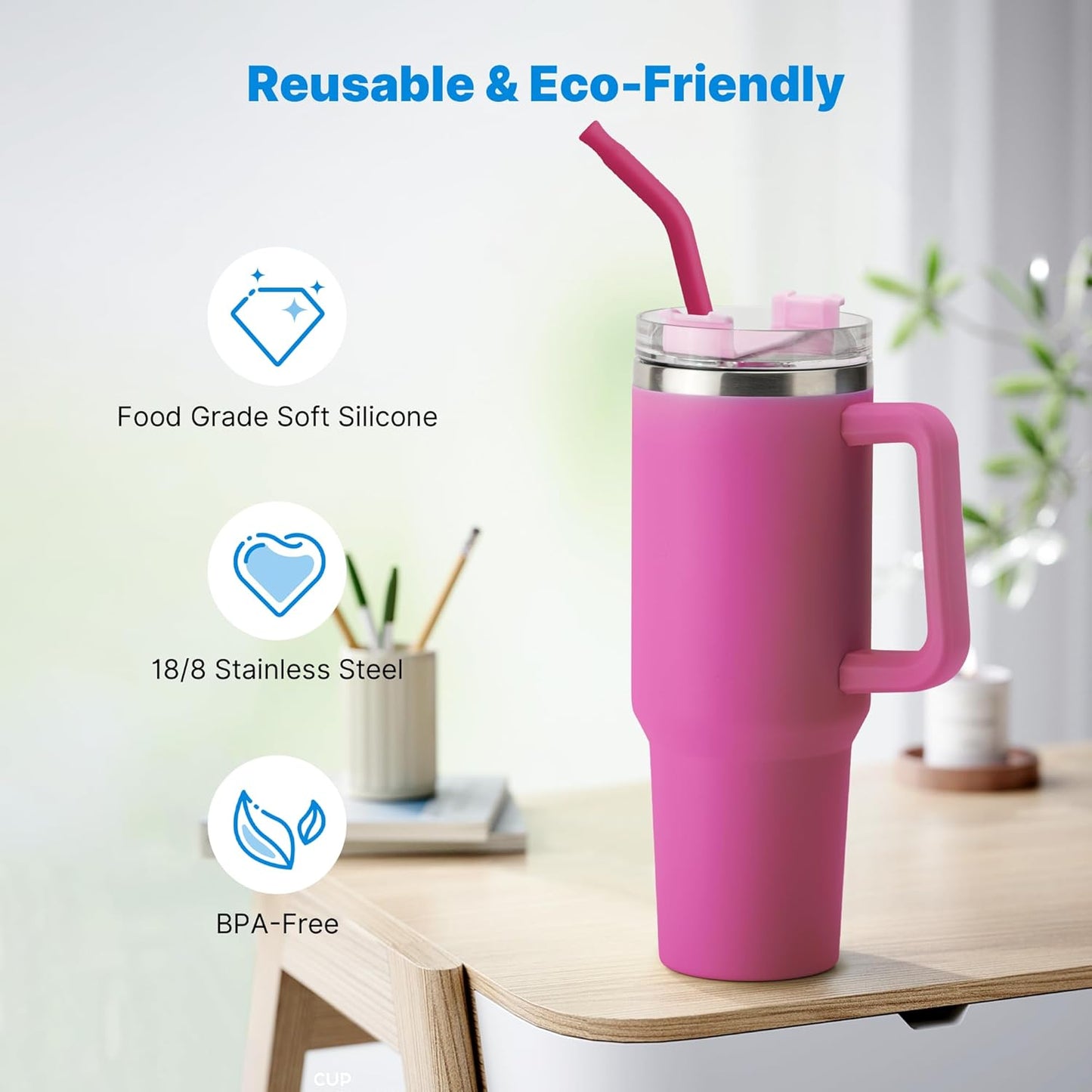 Metal Straw with Silicone Tip for 40oz Stanley Cup, 2 Pcs Stainless Steel Straws Replacement for Stanley 40 oz Adventure Quencher Travel Tumbler Cup, 1 Straw Brush (Fuchsia Red)