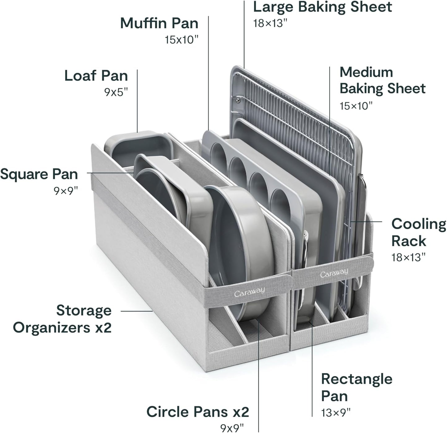 Caraway Nonstick Ceramic Bakeware Set (11 Pieces) - Baking Sheets, Assorted Baking Pans, Cooling Rack, & Storage - Aluminized Steel Body - Non Toxic, PTFE & PFOA Free - Gray