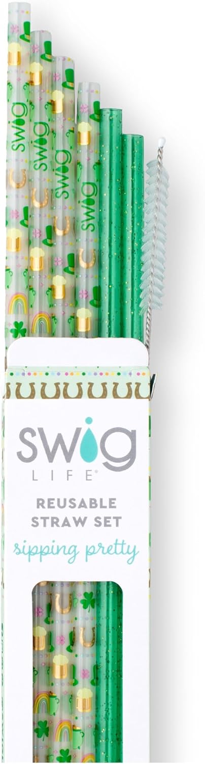 Swig Life Reusable Straws Lucky Charm + Green Glitter Tall Straw Set & Cleaning Brush, Each Straw is 10.25 inch Long (Fits Swig Life 20oz Tumblers, 22oz, and 32oz Tumblers)
