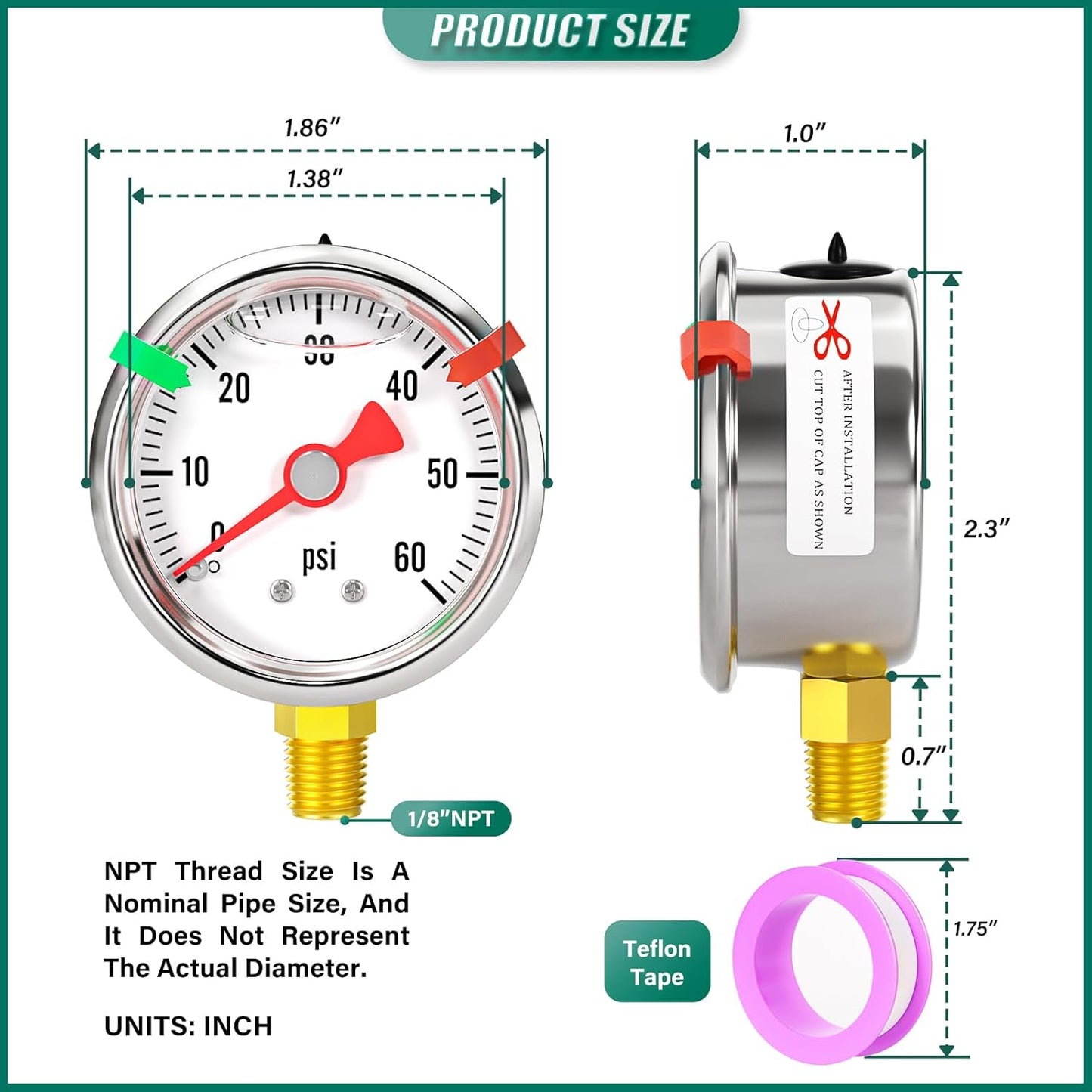 0-60psi Stainless Steel Glycerin Liquid Filled Pressure Gauge1/8 NPT 1.5" Dial, Lower Mount Designed for Pressure Testing of Water, Oil and Air (with Range Mark Pointer)