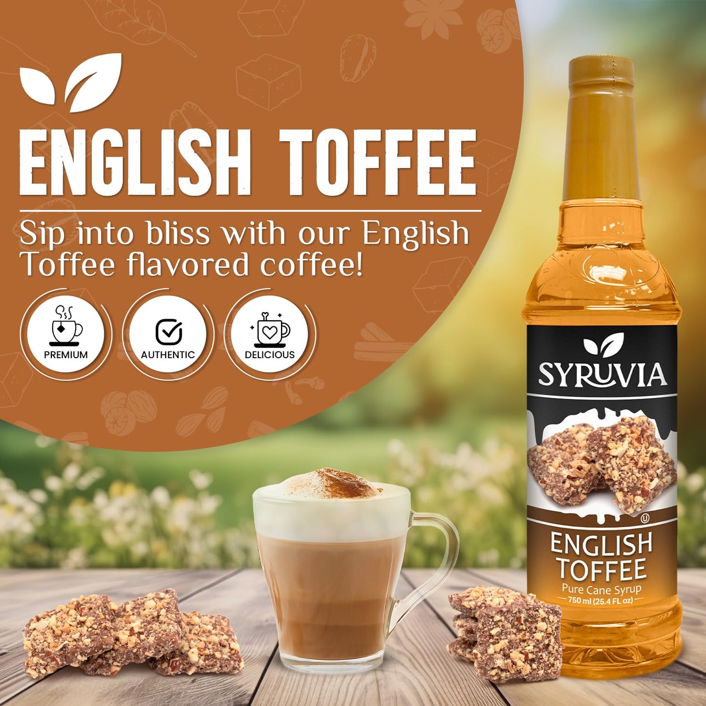 Syruvia Pistachio Latte Syrup & English Toffee Syrup - 25.4 fl oz. Premium Coffee Flavoring Syrup. Kosher, & Gluten-Free. Perfect for Enhancing Drinks, Smoothies, Sodas, Shakes, Desserts, & More.