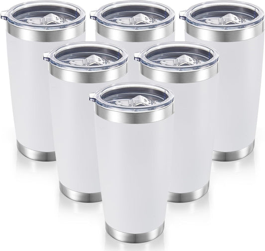 20 oz Tumblers Bulk Stainless Steel Tumbler with Lid Double Wall Vacuum Insulated Coffee Mug 20oz Powder Coated Cup for Hot and Cold Drinks, White, 6 pack