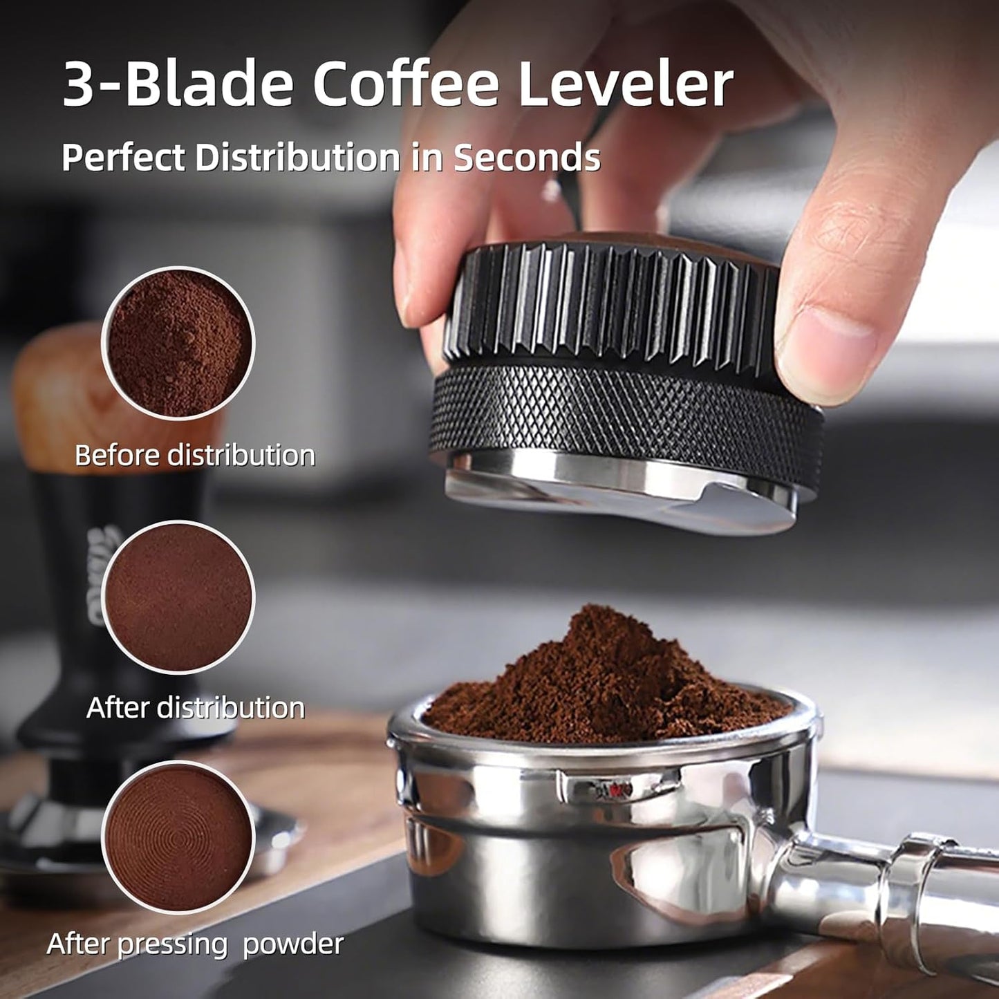 Bincoo 51mm Espresso Distributor Hand Tamper - Adjustable Coffee Leveler Tool for 51mm Portafilter, Walnut Wood Lid, 3-Slope Base Adjustable Depth Espresso Distributor for Barista