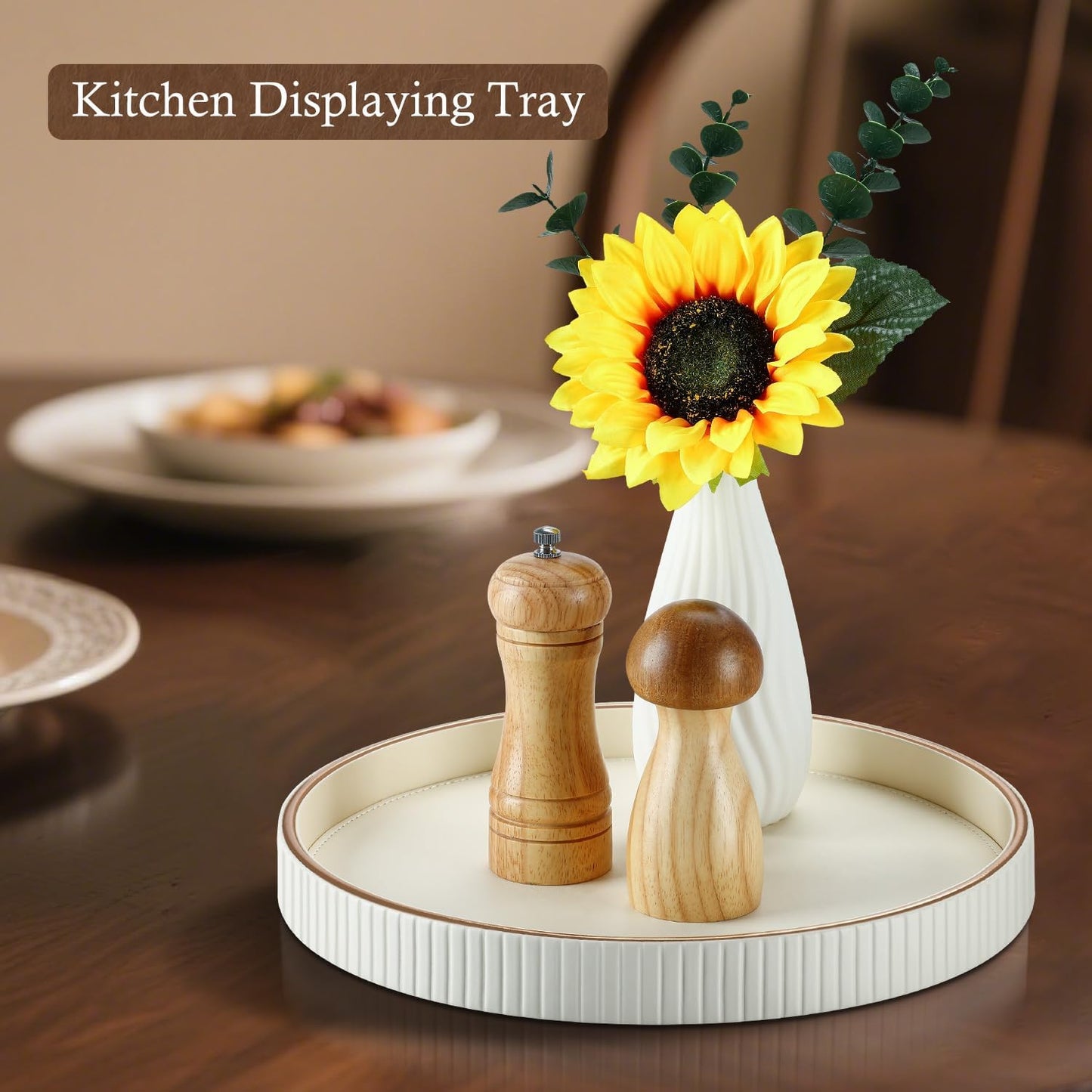 GORESE Round Decorative Serving Tray for Coffee Table Decor, 12" PU Leather Table Centerpiece Home Decor, Valet Tray for Trinket Jewelry Perfume Key, Ottoman Tray Nightstand Organizer, Cream White