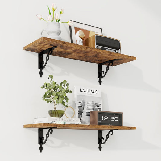 RICHFOCUS Floating Shelves for Wall Decor, 24Inch Wall Shelves Set of 2, 24W x 8D Floating Shelves Wall Mounted with Metal Brackets, Rustic Wood Shelves for Living Room Bedroom Kitchen, Rustic Brown