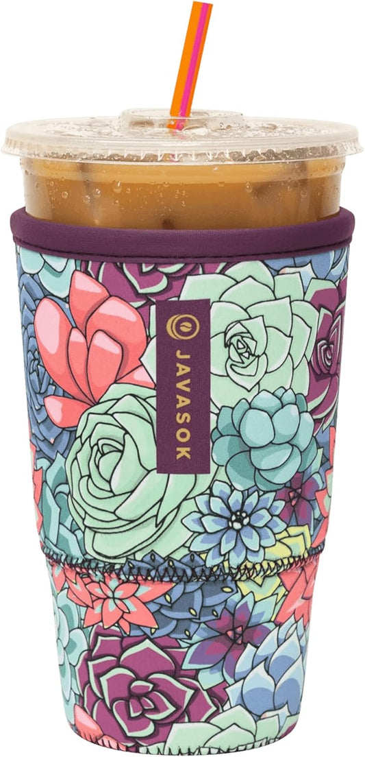 Sok It JavaSok Iced Coffee & Cold Soda Insulated Neoprene Cup Sleeve (Succulents, Large: 30-32oz)