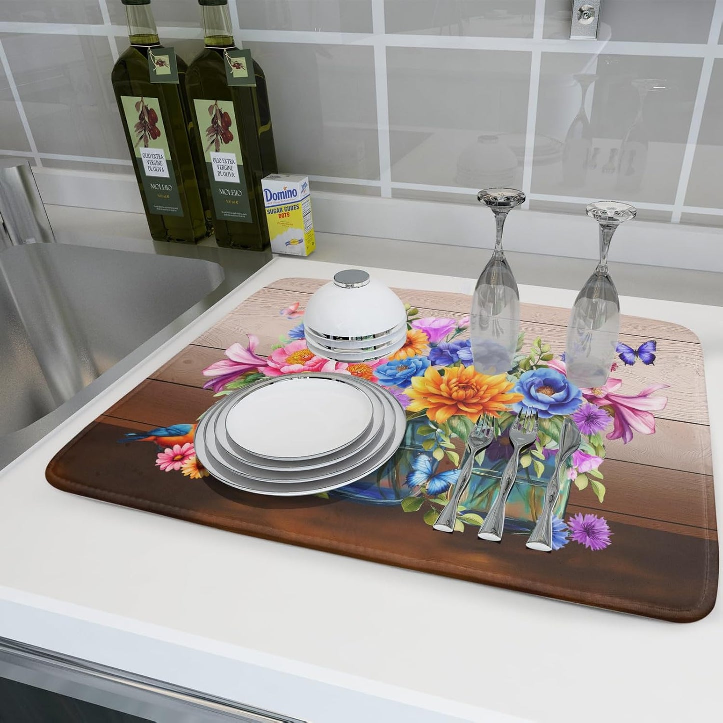 Spring Flowers Dish Drying Mat for Kitchen Counter 18x24in Vintage Plants Colorful Floral Kitchen Drying Mat Soft Absorbent Microfiber Farmhouse Flowers Dish Drainer Rack Mats for Kitchen Countertops