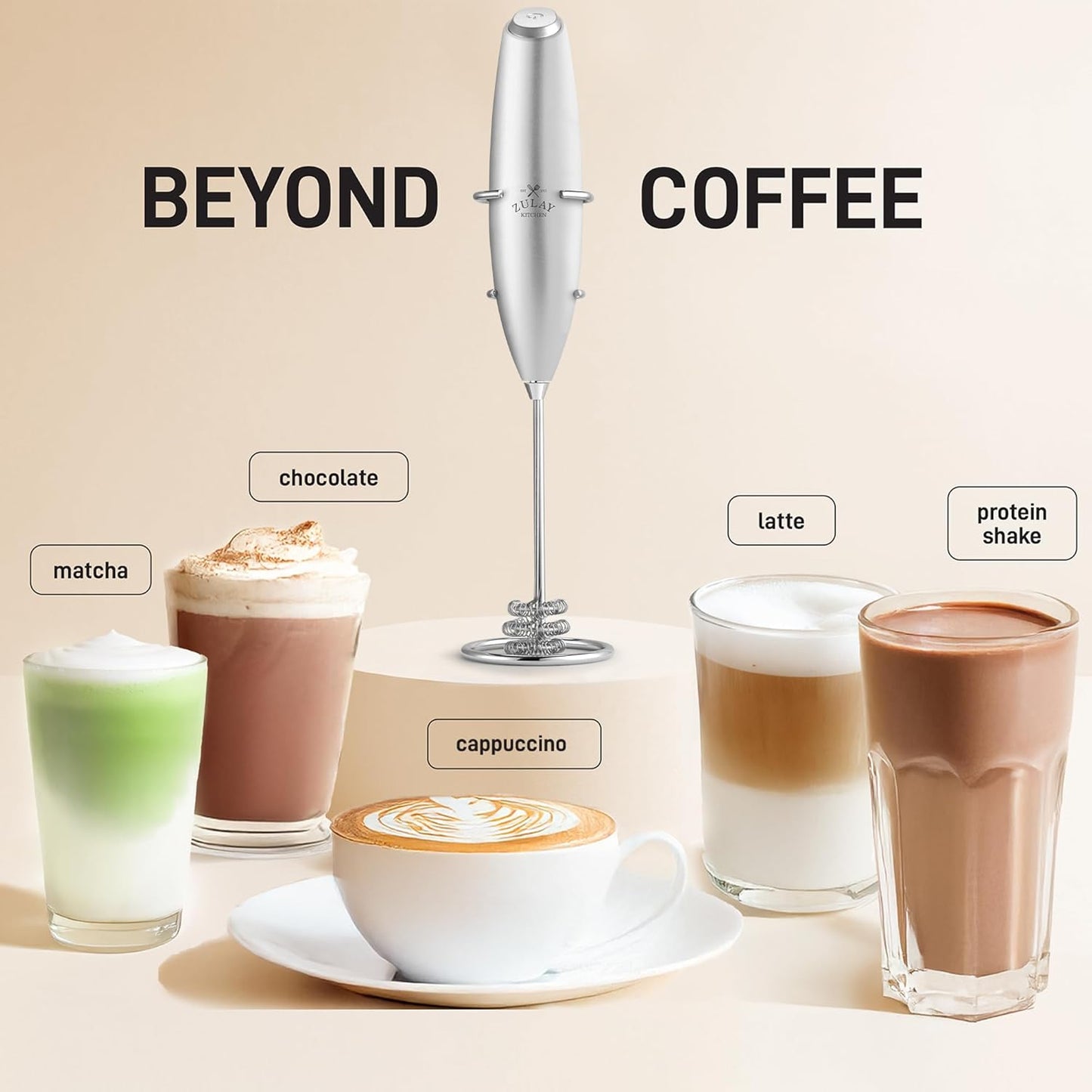 Zulay Kitchen Tornado Whisk Milk Frother with 4 AA Duracell Batteries - Triple Whisk for More Power - Handheld Coffee Frother with Stand - Drink Mixer for Lattes, Matcha & Protein Shakes