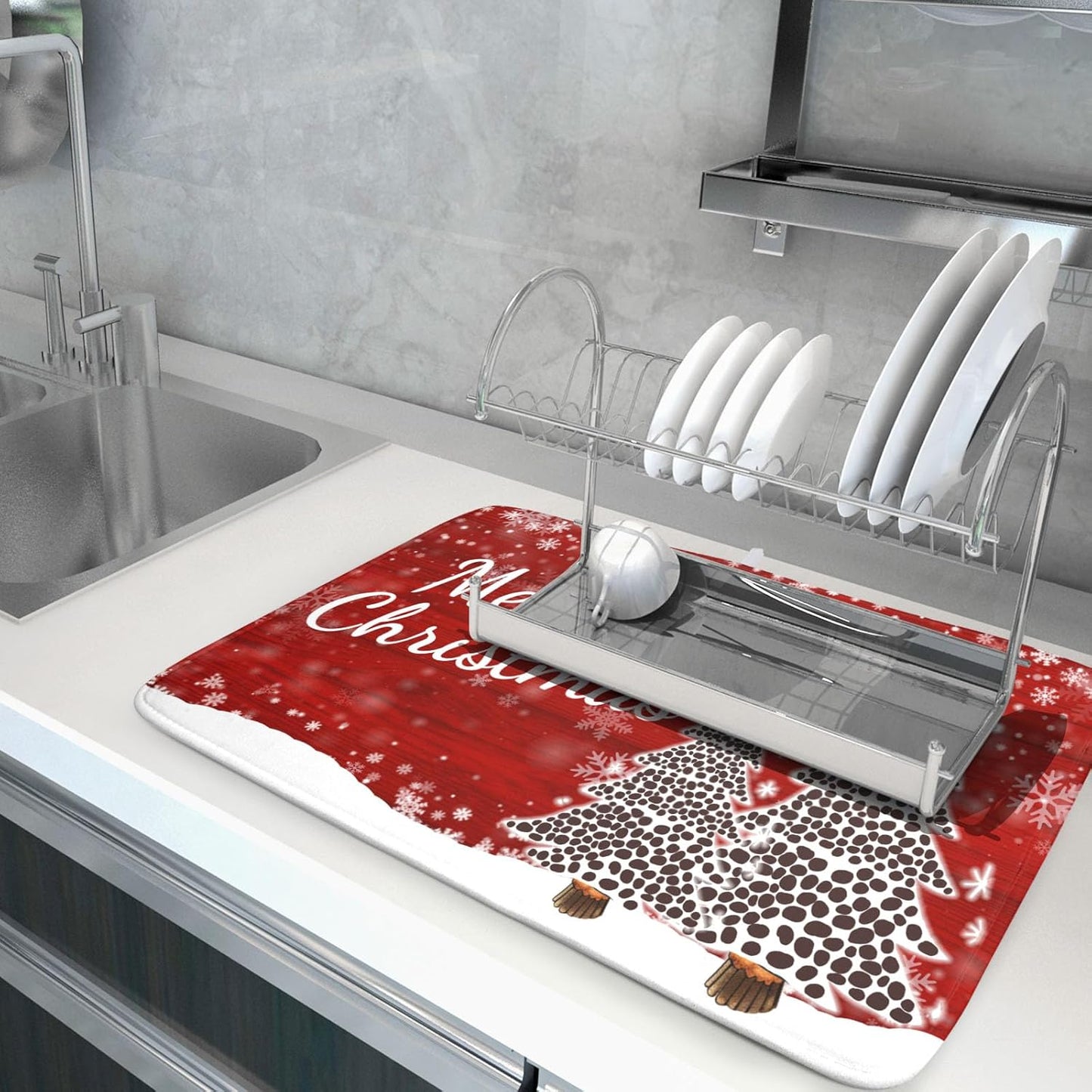 Merry Christmas Tree Red Dish Drying Mat for Kitchen Counter,Winter Snowflake Pine Drying Mat 18 x 24 Inch with Absorbent Reversible Microfiber Dish Drying Pad for Coffee Bar