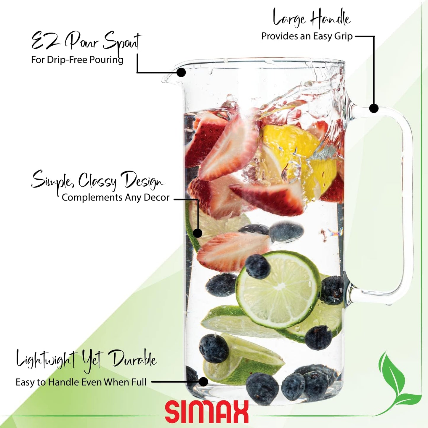 Simax Glass Pitcher, 64 Ounce (2 Quart) Borosilicate Glass, Made in Europe Hot and Cold Safe Iced Tea Pitchers for Drinks, Water, Lemonade Pitcher, Cocktail Jug, Sangria Pitchers