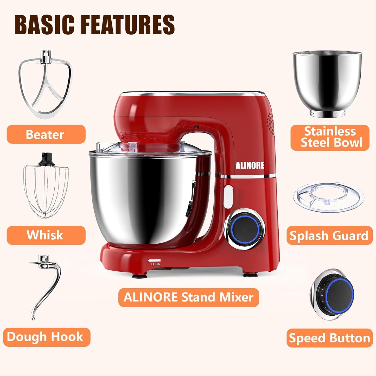 Stand Mixer, 6.5QT 660W 10-Speed Tilt-Head Electric Kitchen Stand Mixer, Food Mixer with Dishwasher-Safe Dough Hook, Egg Whisk, Flat Beater for Baking, Cake and Most Home Cooks (Red)