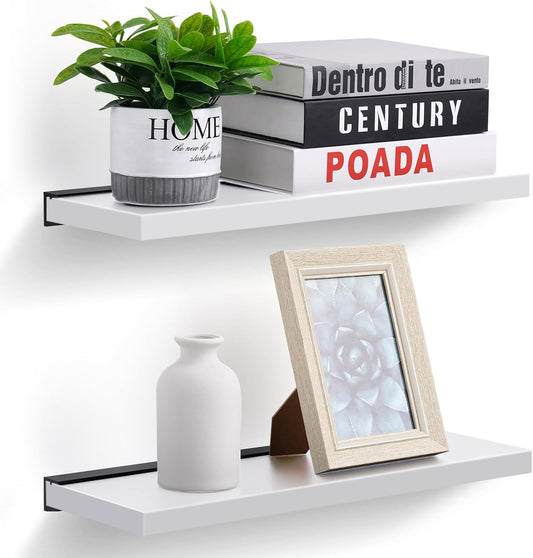 Meangood Floating Shelves White 17 inch Wall Mounted Natural Bamboo Wood Wall Storage Shelves for Bedroom,Living Room,Bathroom, Kitchen（Set of 2）