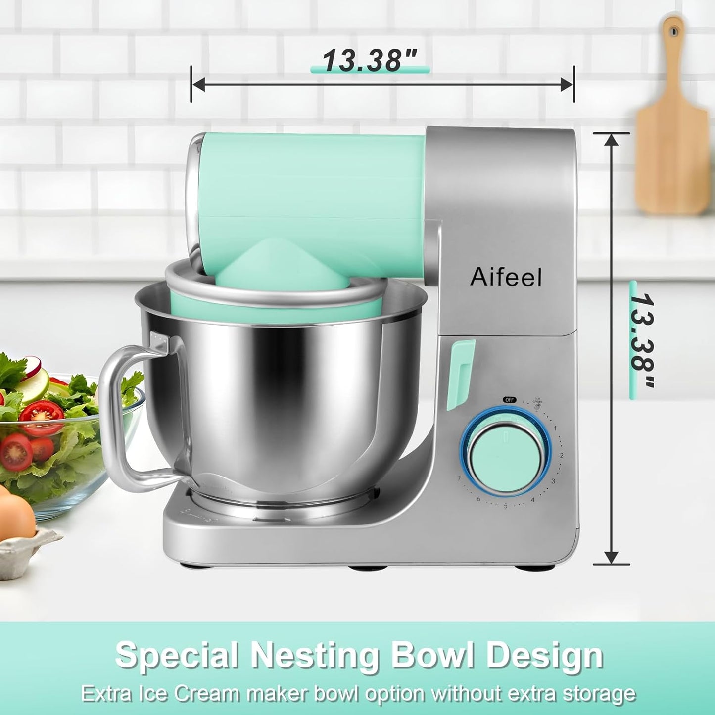 Aifeel Stand Mixer,6.5QT Kitchen Electric Mixer with 2QT Ice Cream Maker Bowl, 6 in 1 Multifunctional Bread Dough Mixer with Dough Hook,Whisk & Beater, Food Mixer for Baking (Green-Silver)