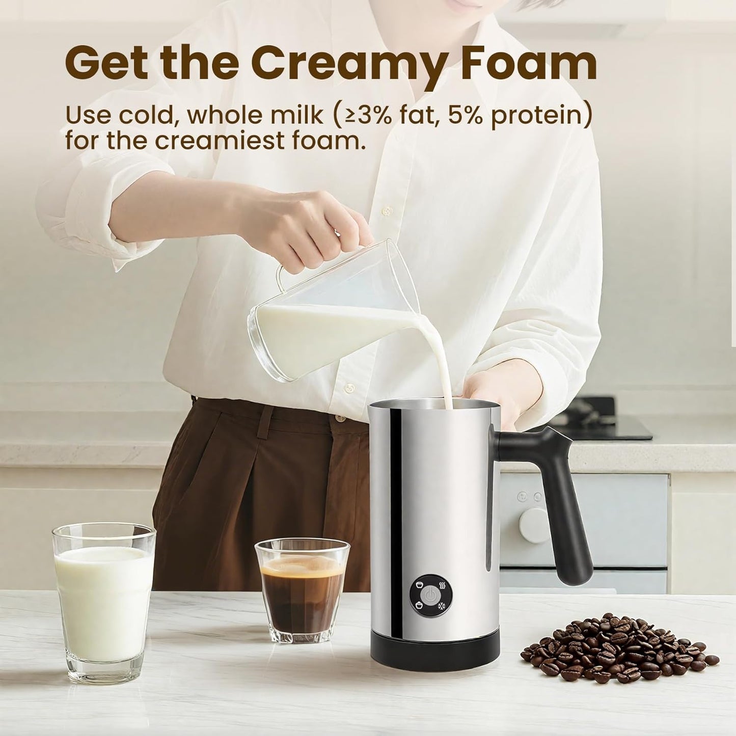 Milk Frother, 4-in-1 Milk Frother and Steamer, 10.6oz Electric Milk Steamer, Automatic Cold and Hot Foam maker for Lattes, Cappuccinos, Non-stick Coating Interior (Polished)